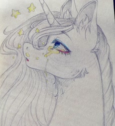 Size: 1080x1179 | Tagged: dead source, safe, artist:mayguay, oc, oc only, pony, unicorn, bust, crying, ear fluff, horn, looking up, makeup, solo, stars, traditional art, unicorn oc