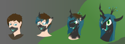 Size: 7016x2480 | Tagged: safe, artist:settop, queen chrysalis, changeling, human, g4, face mask, female, head only, human to changeling, male to female, mare, one eye closed, open mouth, rule 63, tongue out, transformation, transformation sequence, transgender transformation