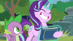Size: 1280x720 | Tagged: safe, screencap, spike, starlight glimmer, dragon, pony, unicorn, g4, memnagerie, spoiler:memnagerie, spoiler:mlp friendship is forever, book, cute, faic, female, glimmerbetes, magic, male, starlight glimmer is best facemaker