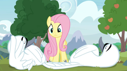 Size: 1280x720 | Tagged: safe, screencap, fluttershy, bird, pegasus, pony, swan, g4, memnagerie, my little pony: friendship is forever, apple, apple tree, eyes closed, female, frown, lazy, mare, raised eyebrow, tree, worried