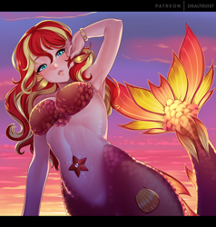 Size: 1000x1050 | Tagged: safe, artist:draltruist, sunset shimmer, mermaid, g4, armpits, breasts, female, letterboxing, looking at you, mermaidized, not fiery shimmer, solo, species swap