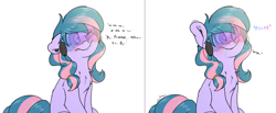 Size: 8500x3500 | Tagged: safe, artist:fluffyxai, oc, oc only, oc:berry twist, pony, 2 panel comic, accessory, blushing, chest fluff, comic, disgruntled, drool, earbuds, frown, hypnogear, hypnosis, hypnotized, kaa eyes, lip bite, simple background, sitting, smiling, solo, sweat, sweatdrop, tech control, visor, white background