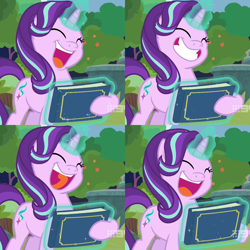 Size: 1440x1440 | Tagged: safe, edit, edited screencap, screencap, starlight glimmer, pony, unicorn, g4, memnagerie, spoiler:memnagerie, spoiler:mlp friendship is forever, cheerful, collage, compilation, cropped, cute, eyes closed, female, glimmerbetes, glowing horn, grin, hair flip, hoof hold, horn, levitation, magic, magic aura, mare, open mouth, open smile, scrapbook, smiling, solo, telekinesis