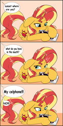 Size: 750x1500 | Tagged: safe, artist:albertbm, sunset shimmer, pony, unicorn, g4, bad pony, behaving like a dog, blushing, cellphone, chewing, comic, cute, dialogue, eating, female, mare, misspelling, offscreen character, pet, phone, pony pet, shimmerbetes, silly, silly pony, solo, speech bubble, talking