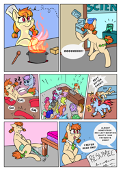 Size: 5656x8000 | Tagged: safe, artist:rinikka, oc, oc only, oc:honeycrisp, earth pony, pony, comic:a safe place for us, comic, fire, sleeping, working