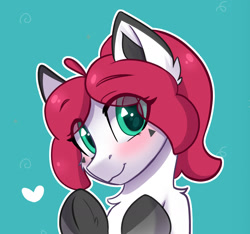 Size: 2136x2000 | Tagged: safe, artist:bubbleglacier, oc, oc only, earth pony, pony, blushing, bust, ear fluff, earth pony oc, female, frog (hoof), heart, high res, mare, pinkerry, smiling, solo, underhoof