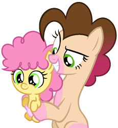 Size: 760x822 | Tagged: safe, artist:mlptmntdisneykauane, li'l cheese, oc, oc:candy pie, earth pony, pony, g4, the last problem, baby, baby pony, base used, colt, duo, eyelashes, female, grin, holding a pony, male, mare, offspring, parent:cheese sandwich, parent:pinkie pie, parents:cheesepie, siblings, simple background, smiling, transparent background, wide eyes
