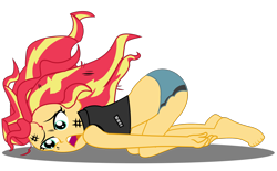 Size: 2000x1242 | Tagged: safe, artist:lifes-remedy, sunset shimmer, equestria girls, g4, barefoot, burnt, clothes, d:, face down ass up, feet, female, messy hair, open mouth, simple background, solo, transparent background