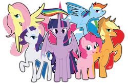 Size: 1224x792 | Tagged: safe, artist:willoillo, applejack, fluttershy, pinkie pie, rainbow dash, rarity, twilight sparkle, alicorn, earth pony, pegasus, pony, unicorn, g4, cutie mark background, group shot, mane six, simple background, smiling, transparent background, twilight sparkle (alicorn)