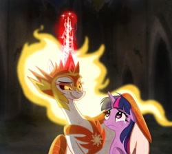 Size: 1190x1066 | Tagged: safe, artist:alexvanarsdale, daybreaker, twilight sparkle, alicorn, pony, unicorn, g4, bedroom eyes, crying, female, glowing horn, grin, horn, looking at each other, mane of fire, mare, smiling, unicorn twilight