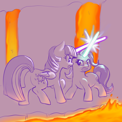 Size: 2200x2200 | Tagged: safe, artist:crade, starlight glimmer, twilight sparkle, alicorn, pony, unicorn, g4, crossed horns, duo, eye contact, female, fight, frown, gritted teeth, high res, horn, horns are touching, lava, lightsaber, looking at each other, mare, partial color, raised hoof, star wars, twilight sparkle (alicorn), wat, weapon