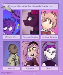 Size: 857x1024 | Tagged: safe, artist:luxaaj, tempest shadow, human, pony, unicorn, g4, :d, bowtie, broken horn, bust, clothes, crossover, dark skin, detroit: become human, female, five nights at freddy's, horn, knife, madoka kaname, magical girl, male, mare, puella magi madoka magica, she-ra, six fanarts, smiling, starry eyes, white eyes, william afton, wingding eyes