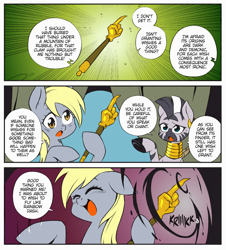 Size: 1216x1344 | Tagged: safe, artist:nekoshiei, color edit, edit, editor:anonycat, seven seas, derpy hooves, zecora, pegasus, pony, zebra, g4, my little pony: the manga, my little pony: the manga volume 1, claw, colored, comic, cropped, female, mare, monkey paw, this will not end well