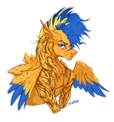 Size: 934x997 | Tagged: dead source, safe, artist:makkah, flash sentry, pegasus, pony, g4, alternate design, bust, colored wings, colored wingtips, eye scar, flash hunktry, lip piercing, lip ring, male, piercing, scar, simple background, solo, tattoo, torn ear, white background