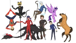 Size: 1080x619 | Tagged: safe, artist:aluramoon_, twilight sparkle, alicorn, dragon, horse, human, g4, adrien agreste, chat noir, clothes, costume, crossover, dreamworks, fist bump, flying, hanging, how to train your dragon, jack frost, ladybug (miraculous ladybug), levitation, magic, male, marinette dupain-cheng, miraculous ladybug, rearing, rise of the guardians, self-levitation, simple background, spider-man, spirit (character), staff, telekinesis, toothless the dragon, twilight sparkle (alicorn), white background