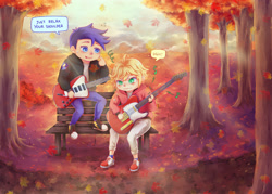 Size: 2800x2000 | Tagged: safe, artist:nikyuuchan, flash sentry, human, equestria girls, g4, autumn, bench, clothes, commission, converse, crossover, cygames, dragalia lost, embarrassed, euden, falling leaves, frustrated, guitar, high res, hoodie, jacket, jeans, leaves, musical instrument, nintendo, pants, park, park bench, playing instrument, shoes, socks, speech bubble, sunlight, teaching, tongue out, tree, vincent tong, voice actor joke