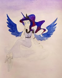 Size: 1080x1350 | Tagged: safe, artist:princess.luna.officially, princess luna, human, g4, alicorn humanization, alternative cutie mark placement, clothes, cutie mark on human, ethereal mane, female, horn, horned humanization, humanized, sitting, solo, traditional art, winged humanization