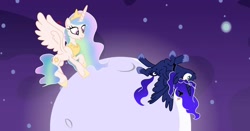 Size: 1080x564 | Tagged: safe, artist:coochiemooch, princess celestia, princess luna, alicorn, pony, g4, ethereal mane, female, hoof shoes, jewelry, mare, moon, on back, open mouth, peytral, space, stars, tiara