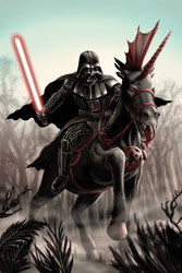 Size: 600x900 | Tagged: safe, artist:robert-shane, changeling, crossover, darth vader, humans riding changelings, humans riding ponies, lightsaber, red changeling, riding, sith, star wars, weapon