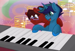 Size: 3151x2160 | Tagged: safe, artist:cadetredshirt, oc, oc:arioso, oc:cadetpone, earth pony, pony, unicorn, blue coat, digital art, female, glasses, happy, high res, looking at someone, male, music notes, musical instrument, one eye closed, piano, playing instrument, playing piano, red coat, shipping, shipping fuel, shocked, simple background, singing, smiling, straight, two toned mane, unshorn fetlocks, wink