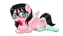 Size: 1166x672 | Tagged: safe, artist:kizan, oc, oc only, pegasus, pony, clothes, female, food, glasses, heart eyes, mare, pegasus oc, popsicle, prone, simple background, socks, solo, striped socks, transparent background, wingding eyes, wings