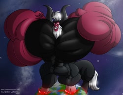 Size: 1280x989 | Tagged: safe, artist:sonicsweeti, lord tirek, centaur, g4, beard, biceps, commission, digital art, earth, facial hair, flexing, giant centaur, growth, horn, impossibly large, macro, male, muscles, overdeveloped muscles, solo, space
