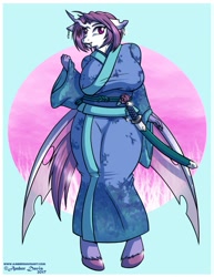 Size: 989x1280 | Tagged: safe, artist:sonicsweeti, oc, oc only, changeling, anthro, unguligrade anthro, breasts, changeling oc, clothes, commission, digital art, fangs, female, horn, kimono (clothing), purple changeling, solo, wings