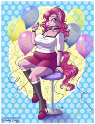 Size: 618x800 | Tagged: safe, artist:sonicsweeti, pinkie pie, earth pony, anthro, g4, breasts, busty pinkie pie, candy, chubby, clothes, commission, cutie mark, digital art, female, food, high heels, hoers, lollipop, looking at you, shoes, solo