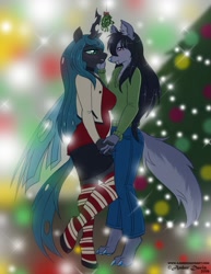Size: 989x1280 | Tagged: safe, artist:sonicsweeti, queen chrysalis, oc, oc:feng, changeling, changeling queen, wolf, anthro, unguligrade anthro, g4, blushing, canon x furry, canon x oc, christmas, christmas changeling, christmas lights, christmas tree, clothes, commission, digital art, fangs, female, furry, holiday, horn, looking at each other, mistletoe, romance, smiling, snow, snowfall, socks, striped socks, tail, thigh highs, tree, wings