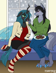 Size: 927x1200 | Tagged: safe, artist:sonicsweeti, queen chrysalis, oc, oc:feng, changeling, changeling queen, wolf, anthro, unguligrade anthro, g4, canon x furry, canon x oc, chocolate, christmas changeling, clothes, commission, digital art, fangs, feeding, female, food, furry, happy, horn, looking at each other, male, plate, romance, smiling, snow, socks, strawberry, striped socks, tail, thigh highs, window, wings