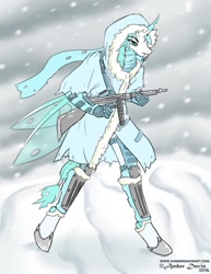 Size: 989x1280 | Tagged: safe, artist:sonicsweeti, oc, oc only, oc:seppen, changeling, anthro, unguligrade anthro, blizzard, clothes, commission, digital art, fangs, gun, horn, ice changeling, male, snow, snowfall, solo, tail, tommy gun, weapon, wings, winter