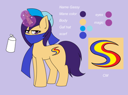 Size: 2260x1680 | Tagged: safe, artist:pencil bolt, oc, oc only, oc:gassy, pony, unicorn, female, hat, reference sheet, solo, spray paint