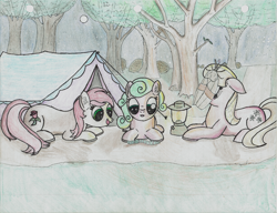 Size: 1000x767 | Tagged: safe, artist:kody02, daisy, flower wishes, lily, lily valley, roseluck, oc, oc:fluffy the bringer of darkness, insect, moth, worm, g4, forest, lantern, moon, night, tent, traditional art, tree