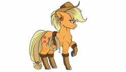 Size: 1600x914 | Tagged: safe, artist:tillie-tmb, applejack, earth pony, pony, g4, boots, ear piercing, earring, female, jewelry, mare, piercing, raised hoof, rope, shoes, simple background, solo, white background