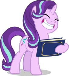 Size: 4588x5059 | Tagged: safe, artist:mrvector, derpibooru exclusive, starlight glimmer, pony, unicorn, g4, memnagerie, my little pony: friendship is forever, absurd resolution, big smile, book, cropped, cute, eyes closed, female, glimmerbetes, grin, mare, shadow, simple background, smiling, solo, transparent background, vector