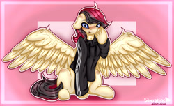 Size: 5761x3507 | Tagged: safe, artist:silvershine, oc, oc only, oc:porsche speedwings, pegasus, pony, adidas, adidas tracksuit, blushing, cel shading, clothes, cute, floppy ears, hoodie, hoof on face, male, pegasus oc, shading, simple background, sitting, solo, spread wings, stallion, surprised, tracksuit, wingboner, wings