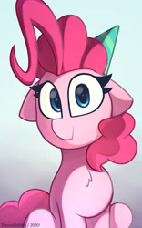 Size: 1800x2880 | Tagged: safe, artist:perezadotarts, derpibooru exclusive, pinkie pie, earth pony, pony, g4, chest fluff, colored, cute, diapinkes, digital art, female, happy birthday, hat, looking at you, party hat, simple background, smiling, solo, text
