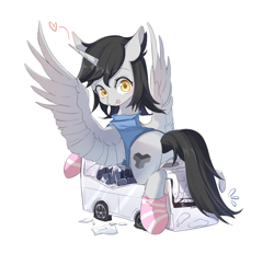 Size: 1400x1300 | Tagged: source needed, safe, artist:巷羽猫, oc, oc only, oc:taikongjiyi, alicorn, pony, alicorn oc, black mane, bus, butt, clothes, female, giant alicorn, grey skin, horn, looking at you, looking back, looking back at you, lying down, macro, plot, sad face, simple background, size difference, socks, solo, striped socks, tongue out, white background, wings