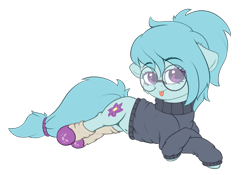 Size: 1437x1004 | Tagged: safe, artist:pollynia, oc, oc only, oc:whispy slippers, earth pony, pony, clothes, colored, eye clipping through hair, flat colors, glasses, mlem, silly, simple background, slippers, socks, solo, sweater, tongue out, transparent background