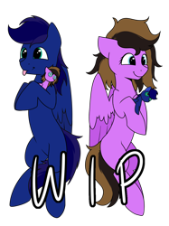 Size: 1280x1707 | Tagged: safe, artist:jellysketch, oc, oc only, pegasus, pony, body pillow, duo, female, male, mare, plushie, pony plushie, simple background, stallion, tongue out, transparent background, wip