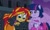 Size: 1021x618 | Tagged: safe, screencap, sunset shimmer, twilight sparkle, alicorn, equestria girls, g4, my little pony equestria girls, bare shoulders, clothes, dress, fall formal outfits, female, ponied up, sleeveless, smiling, strapless, twilight sparkle (alicorn)