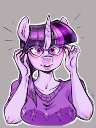 Size: 1024x1366 | Tagged: safe, artist:noupie, twilight sparkle, anthro, g4, adorkable, adorkasexy, blushing, breasts, bust, busty twilight sparkle, clothes, cute, dork, ear fluff, eye clipping through hair, female, glasses, looking at you, mare, meganekko, nerd, sexy, simple background, solo, sweater, sweater puppies, twiabetes