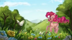 Size: 2500x1406 | Tagged: safe, artist:enderselyatdark, pinkie pie, butterfly, earth pony, pony, g4, cute, diapinkes, eyes closed, female, flower, forest, grass, hill, jumping, open mouth, pronking, scenery, solo, tree