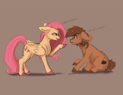 Size: 3953x3059 | Tagged: safe, artist:miokomata, fluttershy, oc, oc:coffee, pegasus, pony, unicorn, g4, assertive fluttershy, chest fluff, colored hooves, dialogue, eye contact, fangs, female, floppy ears, freckles, freckleshy, high res, horn, lesbian, looking at each other, mare, open mouth, simple background, unicorn oc