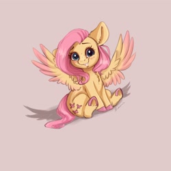 Size: 4000x4000 | Tagged: safe, artist:miokomata, fluttershy, pegasus, pony, g4, blushing, chest fluff, colored hooves, colored wings, female, freckles, freckleshy, looking at you, mare, pink background, shadow, signature, simple background, sitting, smiling, smol, underhoof, wings