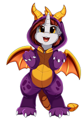Size: 1853x2780 | Tagged: safe, artist:pridark, oc, oc only, dragon, pony, unicorn, bipedal, clothes, commission, cosplay, costume, cute, happy, high res, ocbetes, open mouth, simple background, solo, spyro the dragon, spyro the dragon (series), transparent background