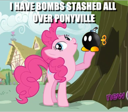 Size: 1029x904 | Tagged: safe, edit, edited screencap, screencap, pinkie pie, bob-omb, pony, g4, it's about time, ball emergency, caption, cropped, female, image macro, solo, text