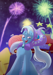 Size: 900x1273 | Tagged: safe, artist:littlehybridshila, trixie, pony, unicorn, boast busters, g4, female, fireworks, mare, night, open mouth, solo, stage