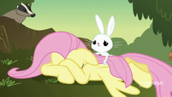 Size: 1280x720 | Tagged: safe, screencap, angel bunny, fluttershy, badger, pegasus, pony, g4, hurricane fluttershy, 9now, crying