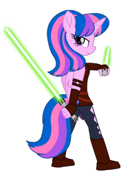 Size: 7594x10058 | Tagged: safe, artist:ejlightning007arts, oc, oc only, oc:hsu amity, alicorn, anthro, ahsoka tano, alicorn oc, anthro oc, clothes, costume, crossover, dual wield, horn, jedi, lightsaber, looking back, simple background, solo, star wars, transparent background, vector, weapon, wings